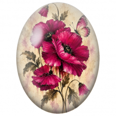 Cabochon en Verre Illustré Coquelicots Fuchsia et Papillon 13x18, 18x25 ou 30x40mm - Pour la Création de Bijoux Fantaisie - DIY