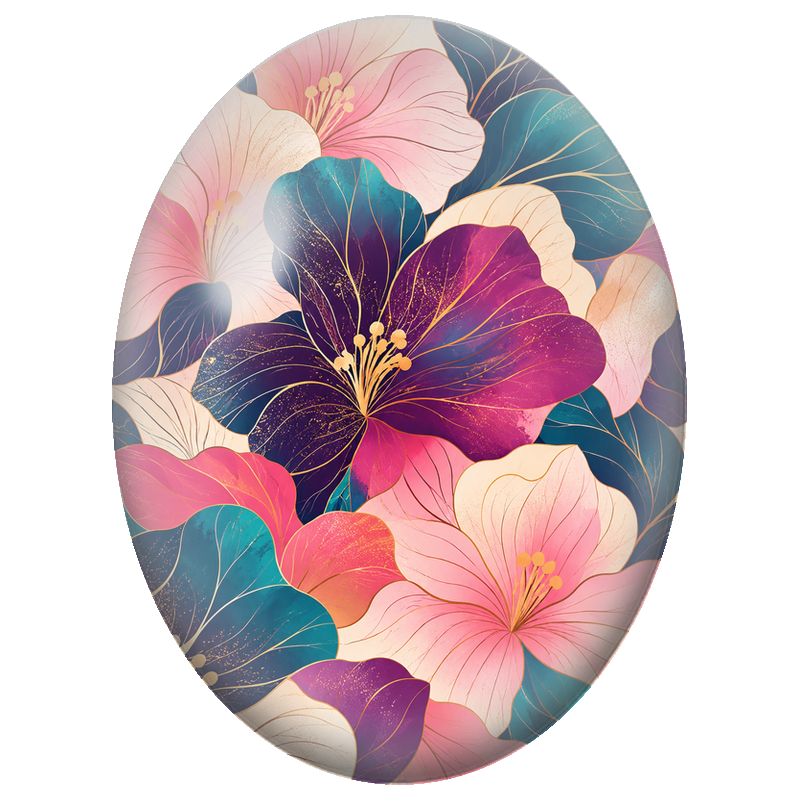 Cabochon en Verre Illustré Fleurs Roses et Pourpres aux Reflets Dorés 13x18, 18x25 ou 30x40mm