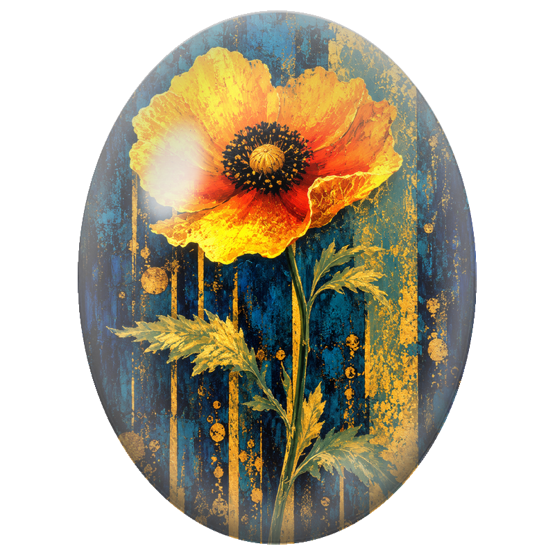 Cabochon en Verre Illustré Coquelicot Orange sur Fond Bleu Patiné 13x18, 18x25 ou 30x40mm