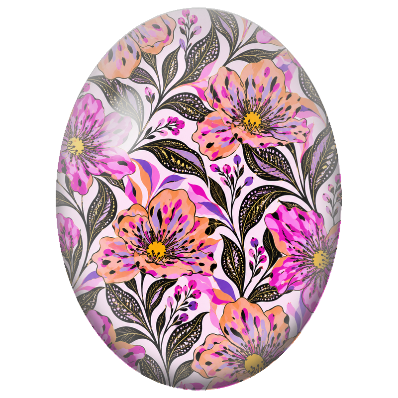 Cabochon en Verre Illustré Fleurs Roses et Corail au Feuillage Noir 13x18, 18x25 ou 30x40mm