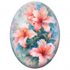 Cabochon en Verre Illustré Hibiscus Corail sur Fond Bleu 13x18, 18x25 ou 30x40mm - Pour la Création de Bijoux Fantaisie - DIY