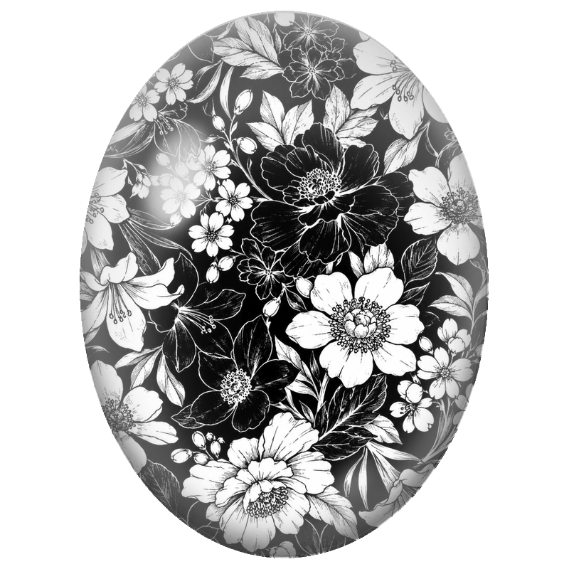 Cabochon en Verre Illustré Jardin Fleuri en Noir et Blanc 13x18, 18x25 ou 30x40mm