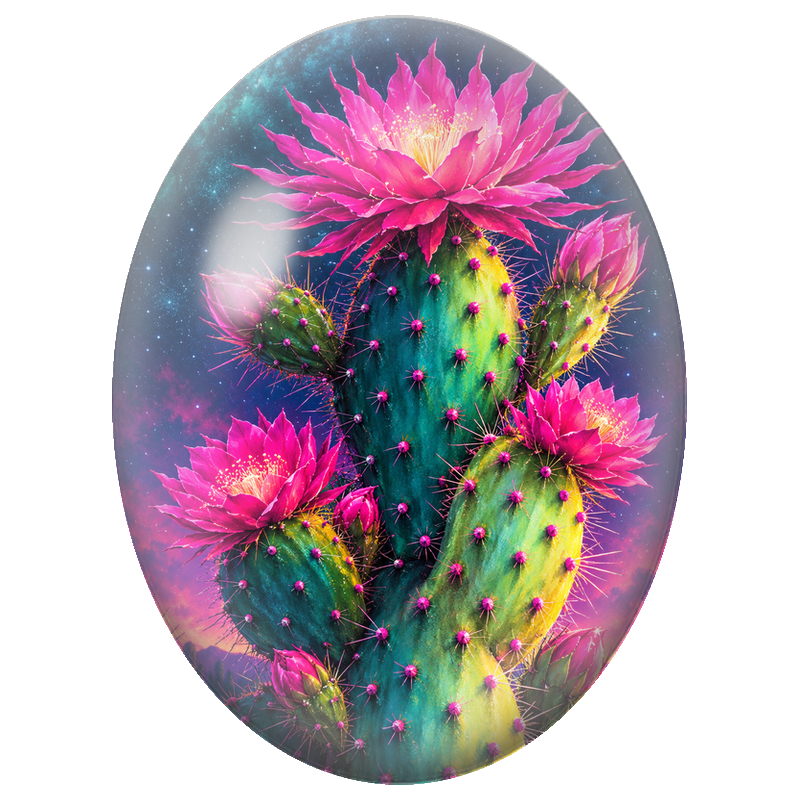 Cabochon en Verre Illustré Cactus Fleuri sous un Ciel Cosmique 13x18, 18x25 ou 30x40mm
