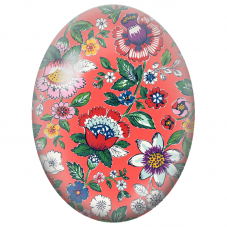 Cabochon en Verre Illustré Fleurs Folk sur Fond Corail 13x18, 18x25 ou 30x40mm - Pour la Création de Bijoux Fantaisie - DIY