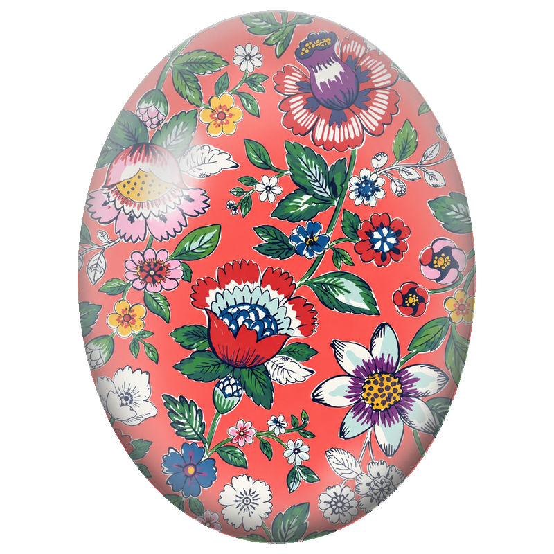 Cabochon en Verre Illustré Fleurs Folk sur Fond Corail 13x18, 18x25 ou 30x40mm