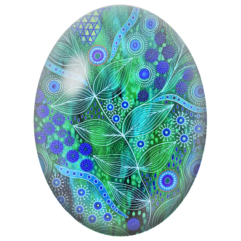 Cabochon en Verre Illustré Jardin Graphique Bleu et Vert 13x18, 18x25 ou 30x40mm