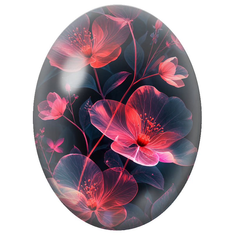Cabochon en Verre Illustré Fleurs Rouges Lumineuses sur Fond Sombre 13x18, 18x25 ou 30x40mm