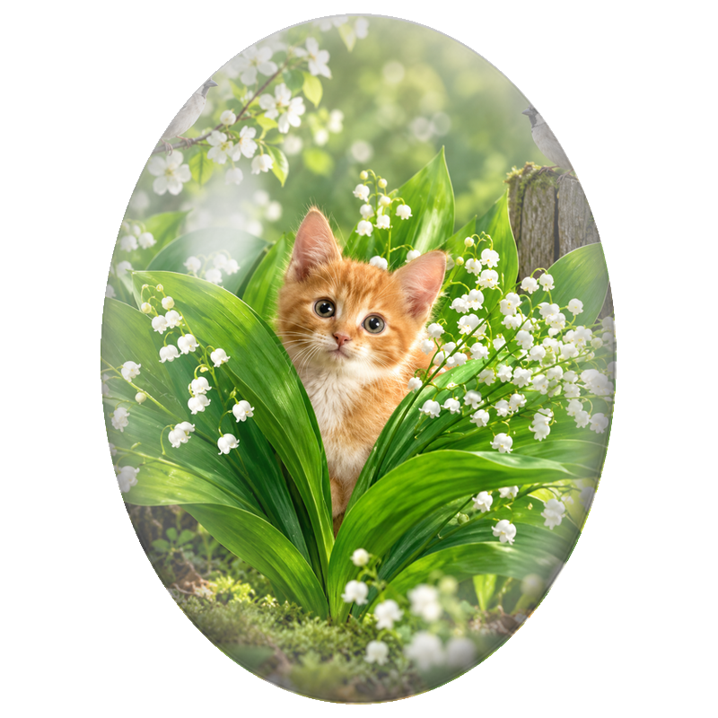 Cabochon en Verre Illustré Chaton Roux parmi le Muguet 13x18, 18x25 ou 30x40mm