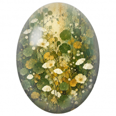 Cabochon en Verre Illustré Fleurs Blanches sur Fond Vert et Or 13x18, 18x25 ou 30x40mm - Pour la Création de Bijoux Fantaisie