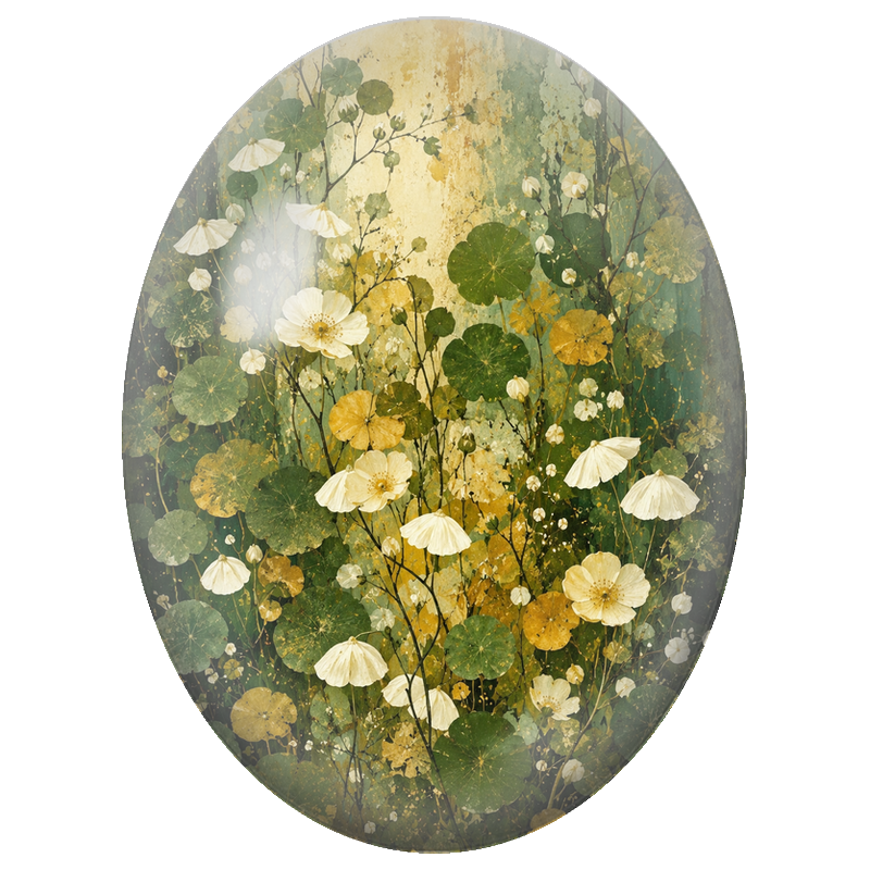 Cabochon en Verre Illustré Fleurs Blanches sur Fond Vert et Or 13x18, 18x25 ou 30x40mm