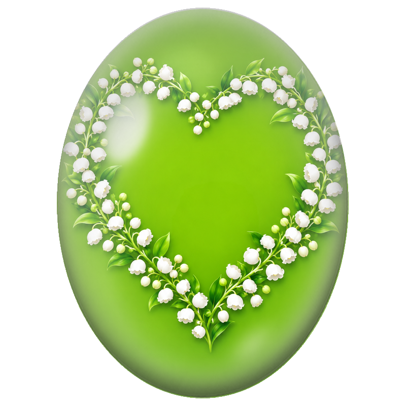 Cabochon en Verre Illustré Cœur de Muguet sur Fond Vert 13x18, 18x25 ou 30x40mm