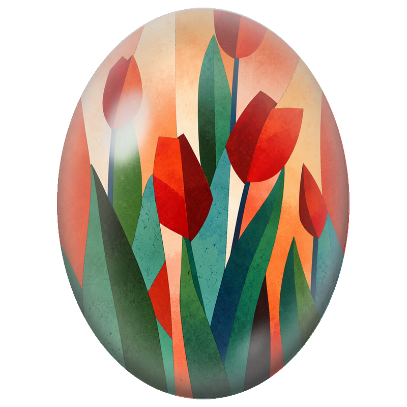 Cabochon en Verre Illustré Tulipes Rouges Géométriques 13x18, 18x25 ou 30x40mm