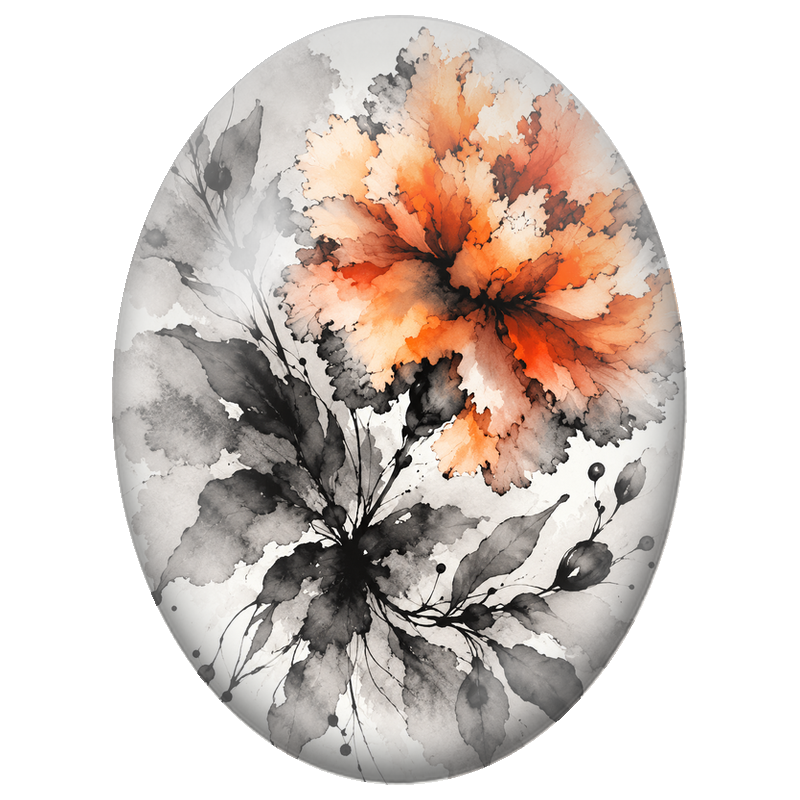 Cabochon en Verre Illustré Fleur Orange à l’Encre Noire 13x18, 18x25 ou 30x40mm