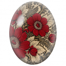 Cabochon en Verre Illustré Fleurs Rouges Brodées sur Fond Or et Noir 13x18, 18x25 ou 30x40mm - Pour la Création de Bijoux