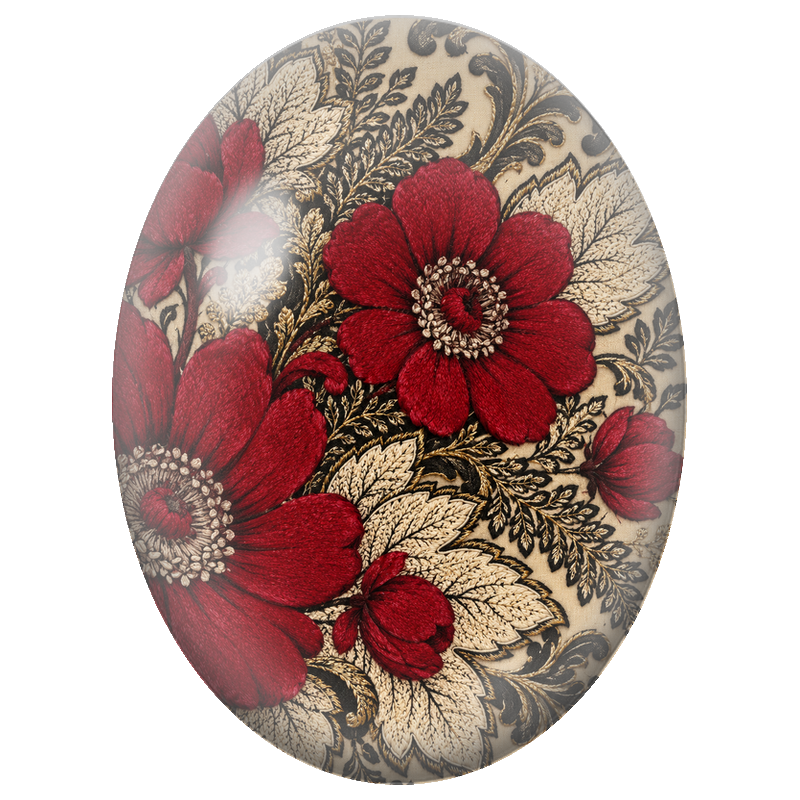 Cabochon en Verre Illustré Fleurs Rouges Brodées sur Fond Or et Noir 13x18, 18x25 ou 30x40mm