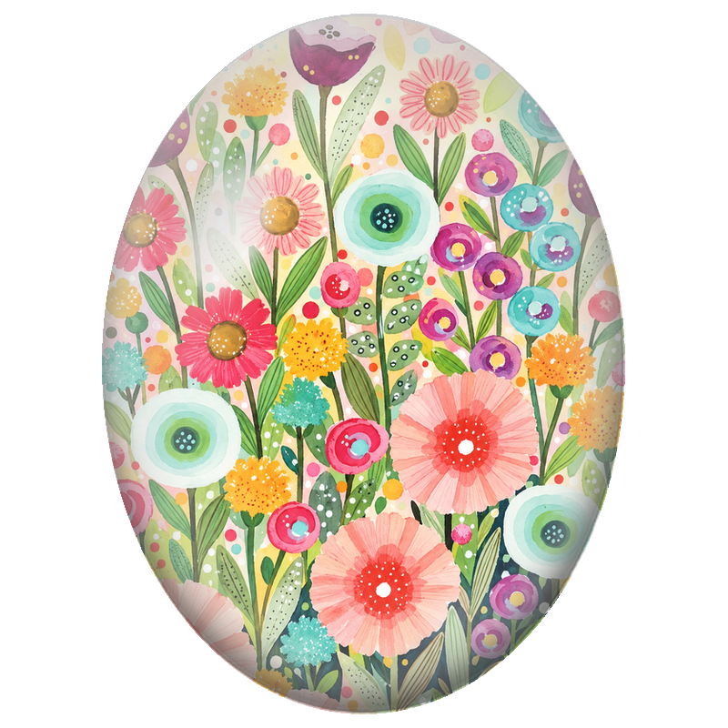 Cabochon en Verre Illustré Jardin Naïf aux Fleurettes Colorées 13x18, 18x25 ou 30x40mm