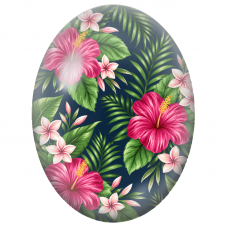 Cabochon en Verre Illustré Hibiscus Roses sur Fond Bleu Nuit 13x18, 18x25 ou 30x40mm - Pour la Création de Bijoux Fantaisie
