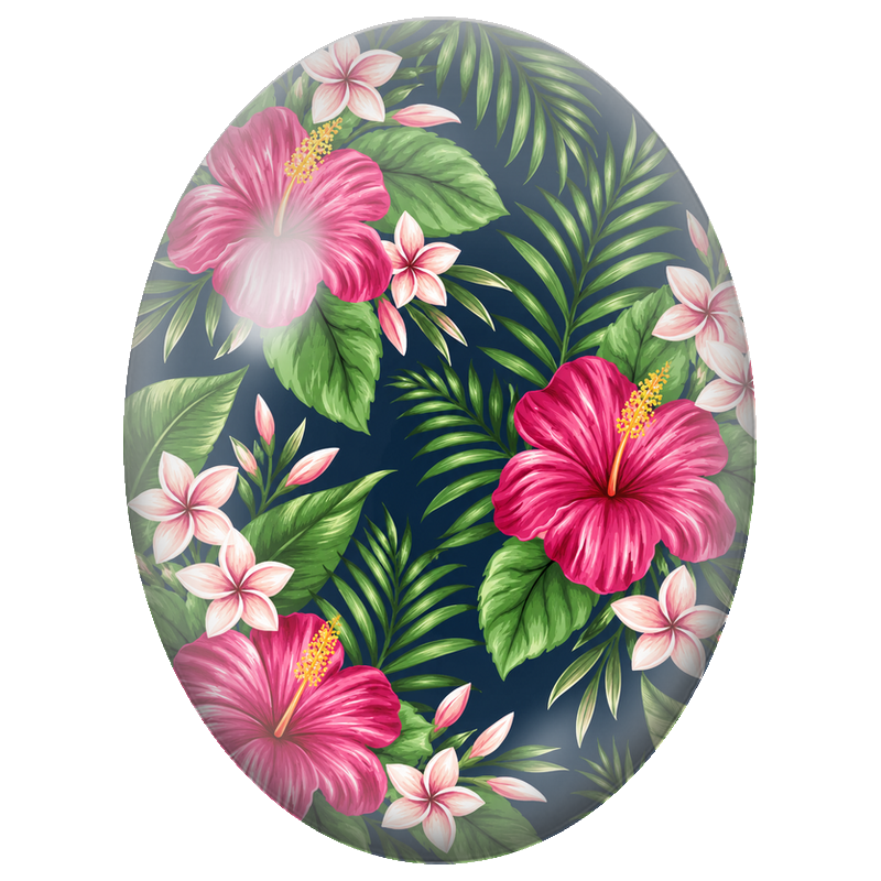Cabochon en Verre Illustré Hibiscus Roses sur Fond Bleu Nuit 13x18, 18x25 ou 30x40mm