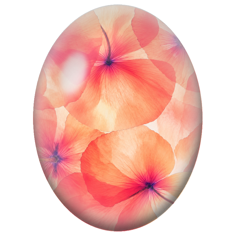 Cabochon en Verre Illustré Coquelicots Corail en Transparence 13x18, 18x25 ou 30x40mm