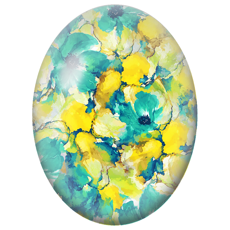 Cabochon en Verre Illustré Fleurs Turquoise et Jaunes à l’Aquarelle 13x18, 18x25 ou 30x40mm