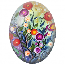 Cabochon en Verre Illustré Fleurs Rondes dans un Jardin Fantaisie 13x18, 18x25 ou 30x40mm - Pour la Création de Bijoux Fantaisie