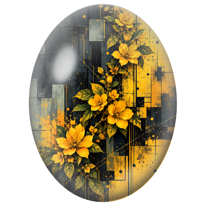 Cabochon en Verre Illustré Fleurs Jaunes sur Fond Géométrique Noir 13x18, 18x25 ou 30x40mm