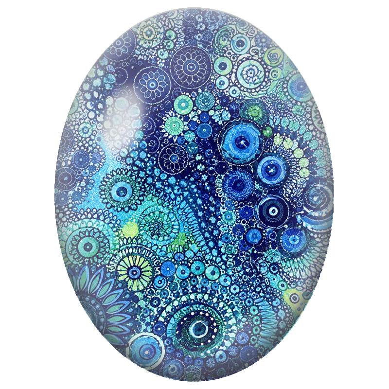 Cabochon en Verre Illustré Rosaces Bleues et Turquoise 13x18, 18x25 ou 30x40mm