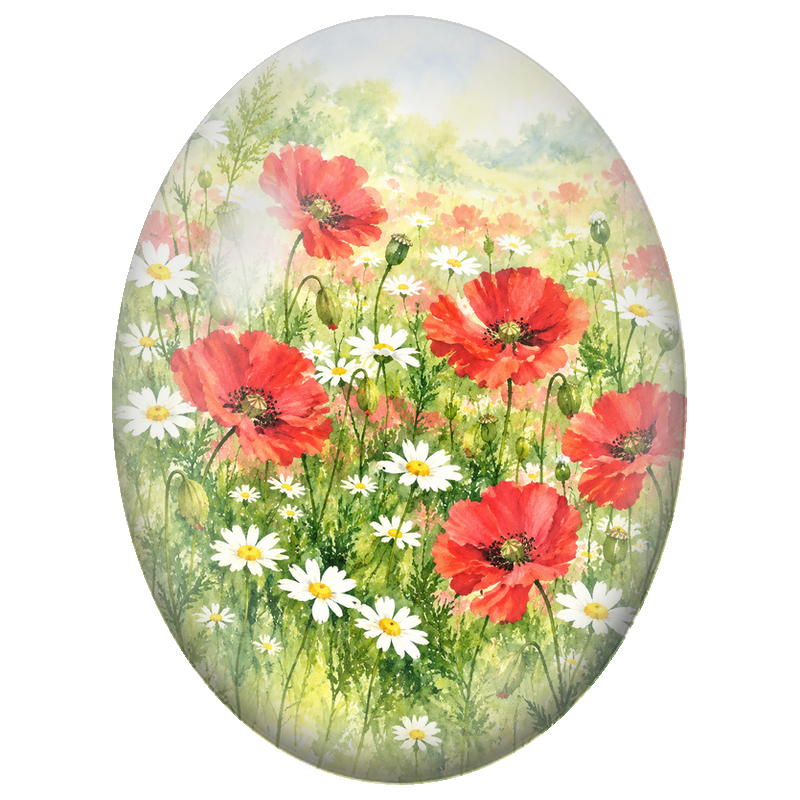 Cabochon en Verre Illustré Coquelicots Rouges et Marguerites Blanches 13x18, 18x25 ou 30x40mm