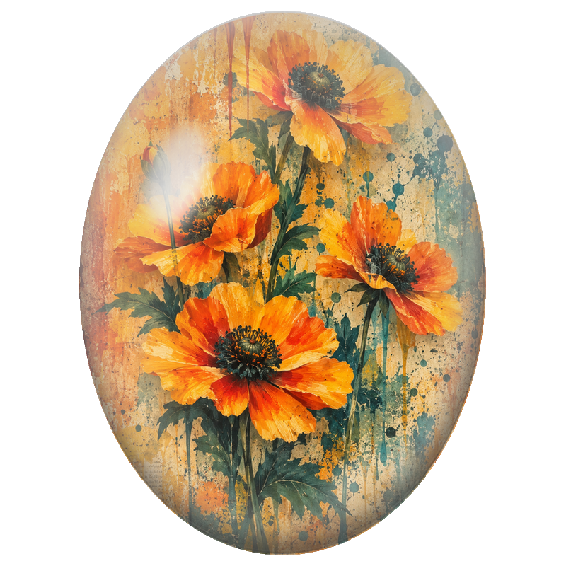 Cabochon en Verre Illustré Coquelicots Orange sur Fond Patiné 13x18, 18x25 ou 30x40mm