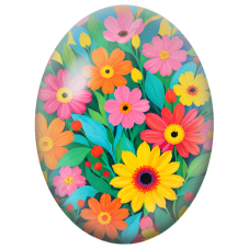 Cabochon en Verre Illustré Marguerites Multicolores au Feuillage Turquoise 13x18, 18x25 ou 30x40mm - Pour la Création de Bijoux