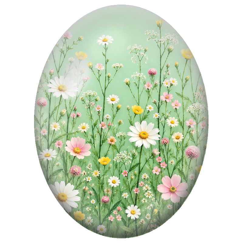 Cabochon en Verre Illustré Prairie de Marguerites sur Fond Vert Tendre 13x18, 18x25 ou 30x40mm