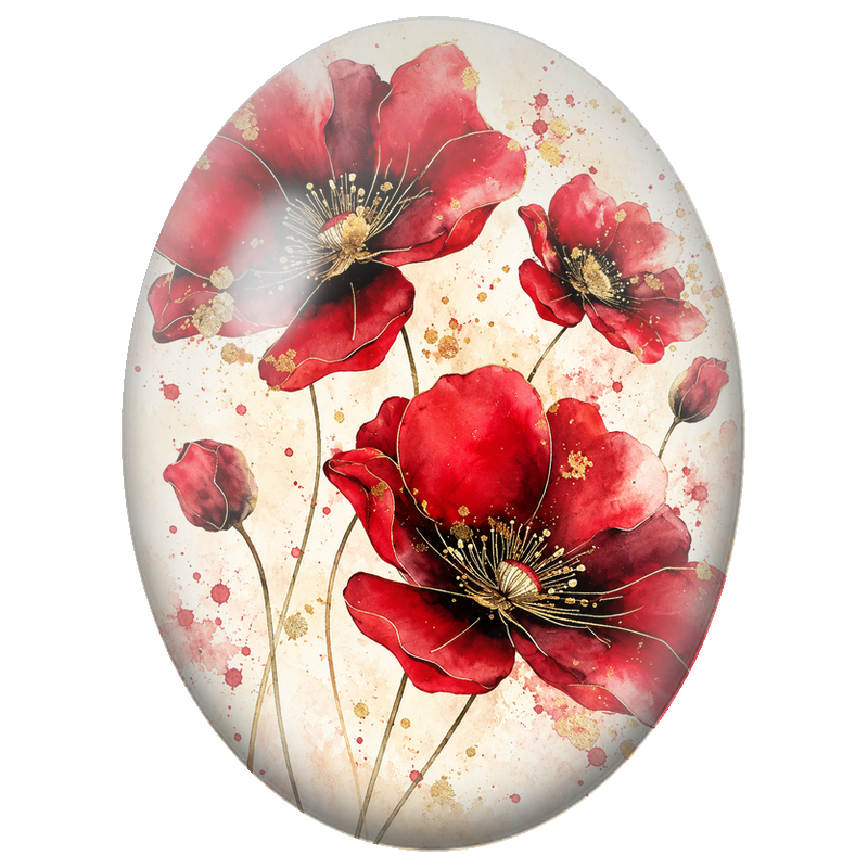 Cabochon en Verre Illustré Coquelicots Rouges aux Éclats Dorés 13x18, 18x25 ou 30x40mm
