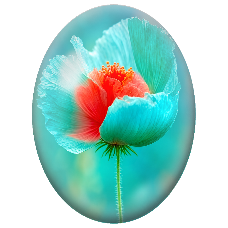 Cabochon en Verre Illustré Coquelicot Turquoise au Cœur Corail 13x18, 18x25 ou 30x40mm