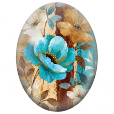 Cabochon en Verre Illustré Fleurs Turquoise et Ocre sur Fond Patiné 13x18, 18x25 ou 30x40mm - Pour la Création de Bijoux