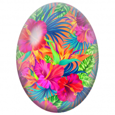 Cabochon en Verre Illustré Hibiscus Néon et Feuillage Tropical 13x18, 18x25 ou 30x40mm - Pour la Création de Bijoux Fantaisie
