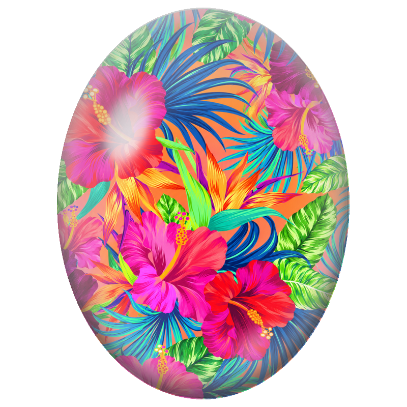 Cabochon en Verre Illustré Hibiscus Néon et Feuillage Tropical 13x18, 18x25 ou 30x40mm