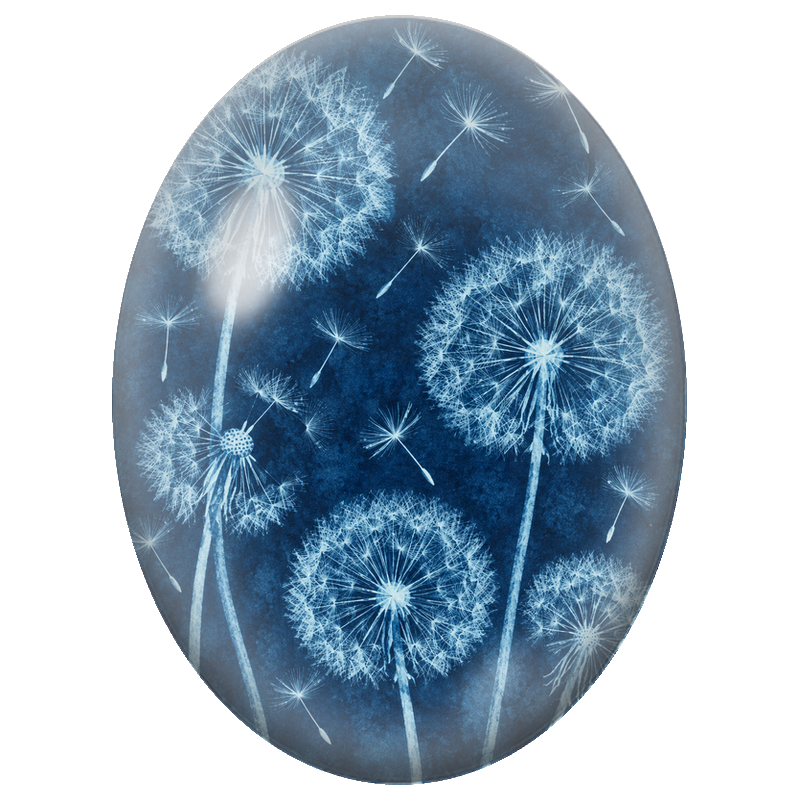 Cabochon en Verre Illustré Pissenlits Blancs sur Fond Bleu Nuit 13x18, 18x25 ou 30x40mm