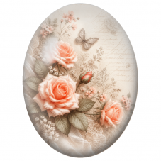 Cabochon en Verre Illustré Roses Pêche et Papillon Vintage 13x18, 18x25 ou 30x40mm - Pour la Création de Bijoux Fantaisie - DIY