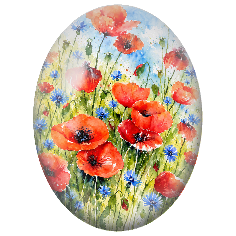 Cabochon en Verre Illustré Coquelicots Rouges et Bleuets 13x18, 18x25 ou 30x40mm