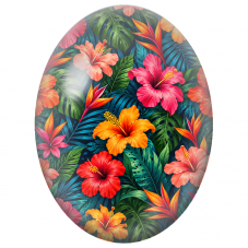 Cabochon en Verre Illustré Hibiscus et Feuillage Tropical Sombre 13x18, 18x25 ou 30x40mm - Pour la Création de Bijoux Fantaisie
