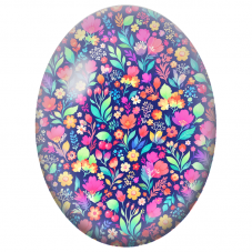 Cabochon en Verre Illustré Petites Fleurs Multicolores sur Fond Bleu Nuit 13x18, 18x25 ou 30x40mm - Pour la Création de Bijoux