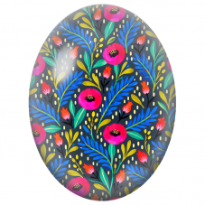 Cabochon en Verre Illustré Fleurs Fuchsia et Feuillage Bleu sur Fond Sombre 13x18, 18x25 ou 30x40mm - Pour la Création de Bijoux
