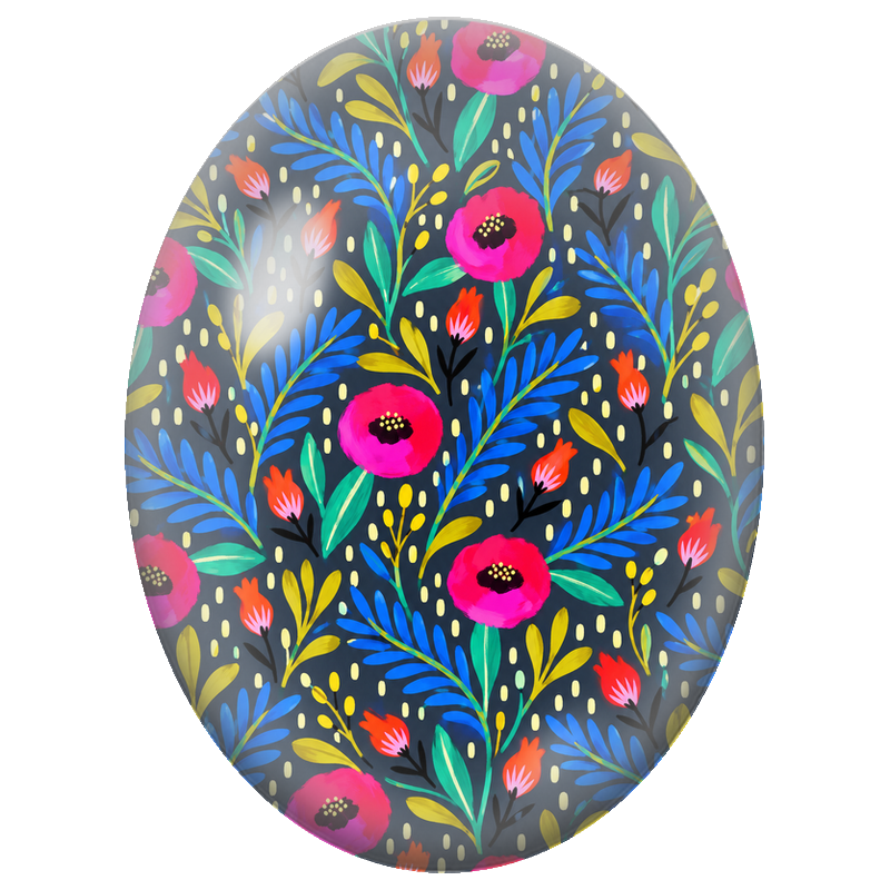 Cabochon en Verre Illustré Fleurs Fuchsia et Feuillage Bleu sur Fond Sombre 13x18, 18x25 ou 30x40mm