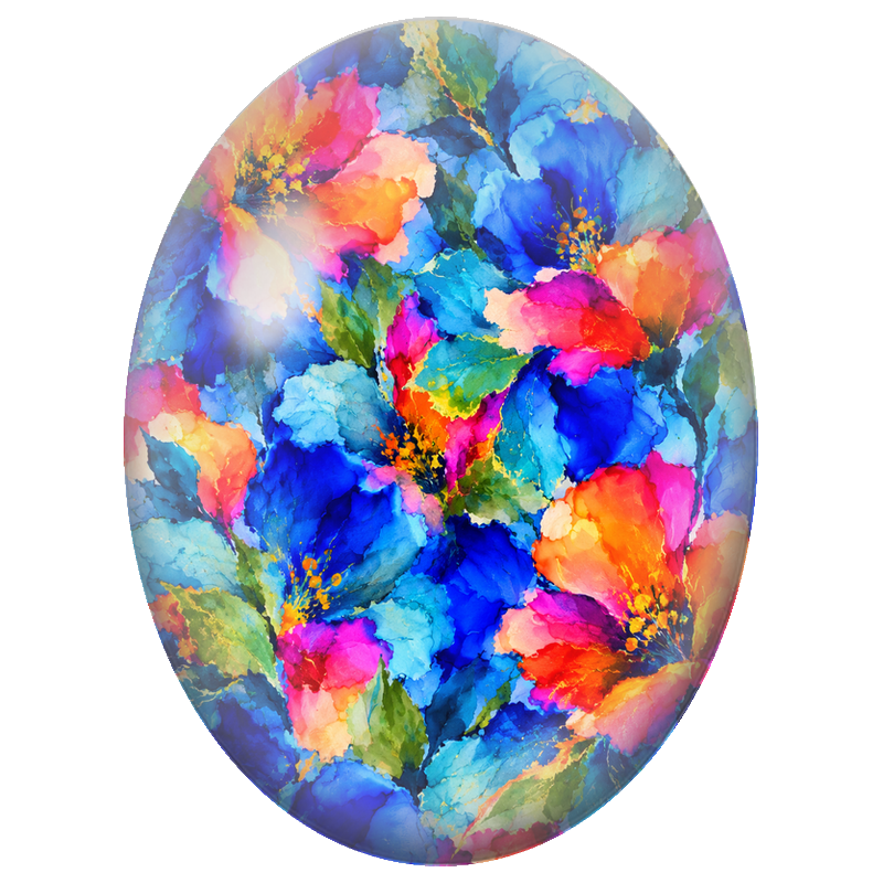 Cabochon en Verre Illustré Fleurs Bleues et Corail aux Éclats Dorés 13x18, 18x25 ou 30x40mm