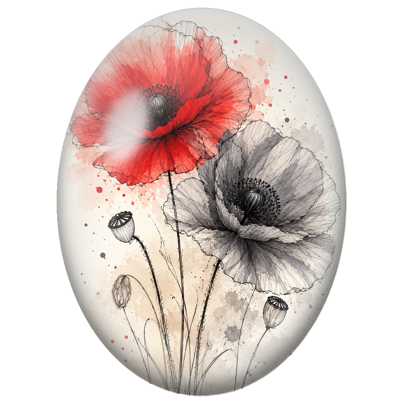 Cabochon en Verre Illustré Coquelicots Rouge et Gris à l’Encre 13x18, 18x25 ou 30x40mm