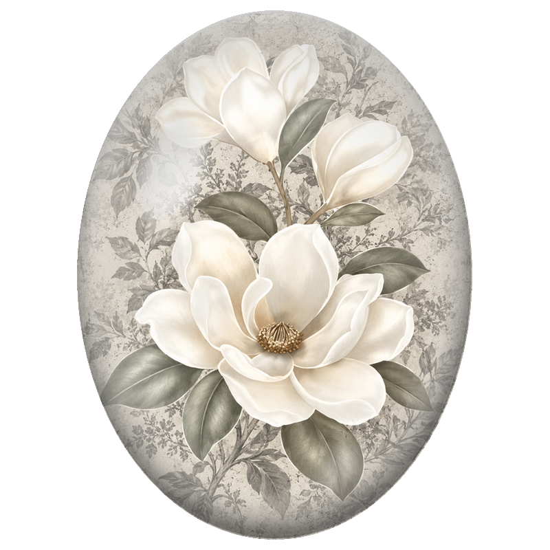 Cabochon en Verre Illustré Magnolias Ivoire au Charme Classique 13x18, 18x25 ou 30x40mm