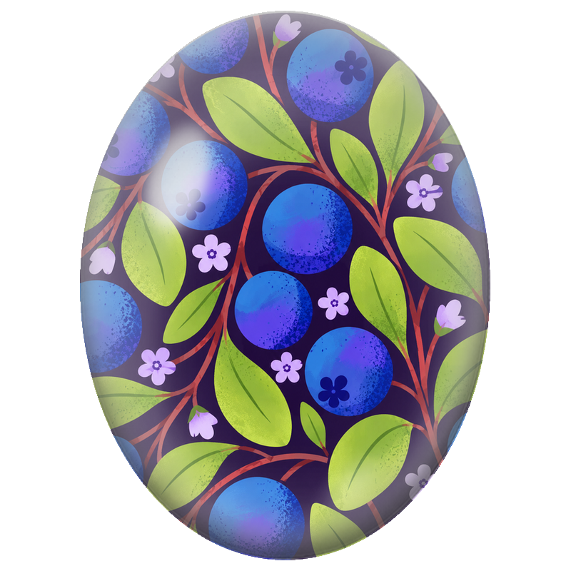 Cabochon en Verre Illustré Myrtilles Bleues et Feuillage Vert 13x18, 18x25 ou 30x40mm