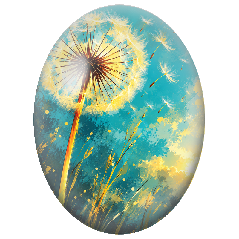 Cabochon en Verre Illustré Pissenlit Doré sur Fond Turquoise 13x18, 18x25 ou 30x40mm