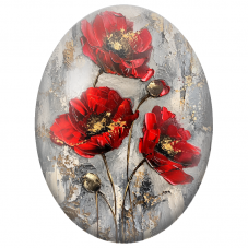 Cabochon en Verre Illustré Coquelicots Rouges en Relief sur Fond Gris 13x18, 18x25 ou 30x40mm - Pour la Création de Bijoux