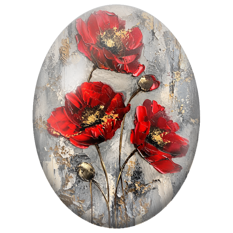 Cabochon en Verre Illustré Coquelicots Rouges en Relief sur Fond Gris 13x18, 18x25 ou 30x40mm